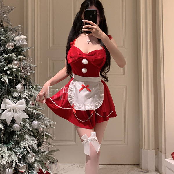 Sexy christmas red chef lingerie set featuring a festive maid outfit with pearl accents, perfect for holiday roleplay and sle...