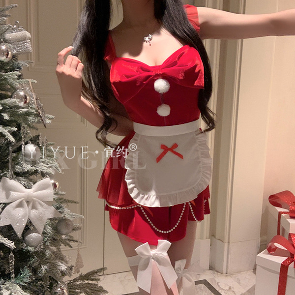Sexy christmas red chef lingerie set featuring festive design with bow accents, perfect for holiday roleplay costumes.