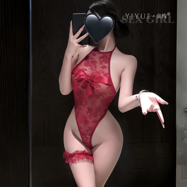 Woman wearing red lace yiyue lingerie bodysuit with bow detail, elegant french-style sexy sleepwear for women.
