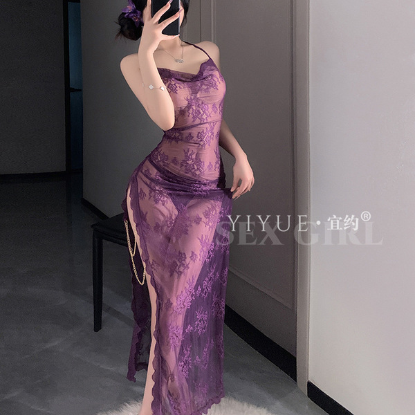 Elegant purple lace chemise with sheer design, perfect for sensual allure and roleplay outfits.