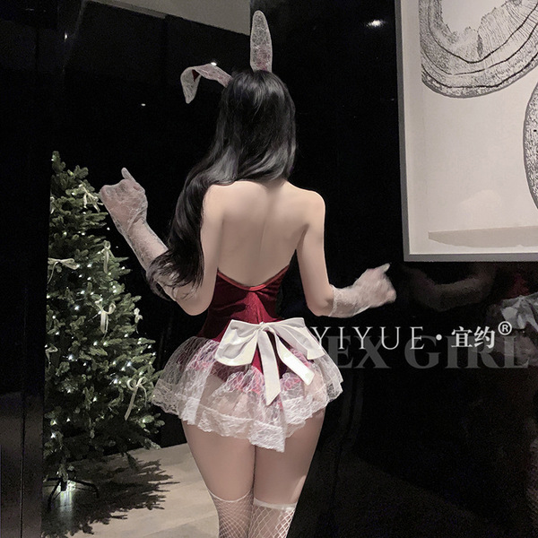 Sexy christmas bunny girl costume - naughty lingerie bodysuit with open-crotch uniform set