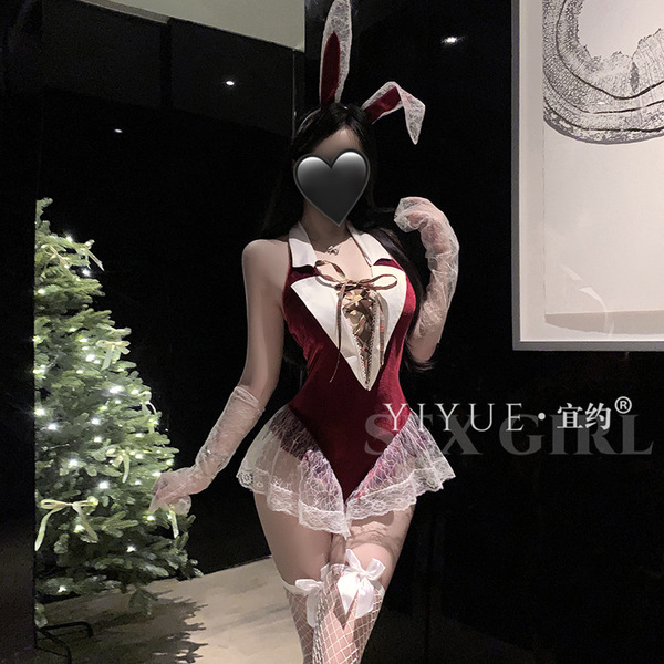 Sexy christmas bunny girl costume - naughty lingerie bodysuit with open-crotch uniform set