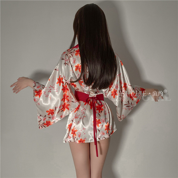 Sexy japanese-inspired kimono lingerie set featuring floral print and red ties, perfect for roleplay and hanfu costumes.