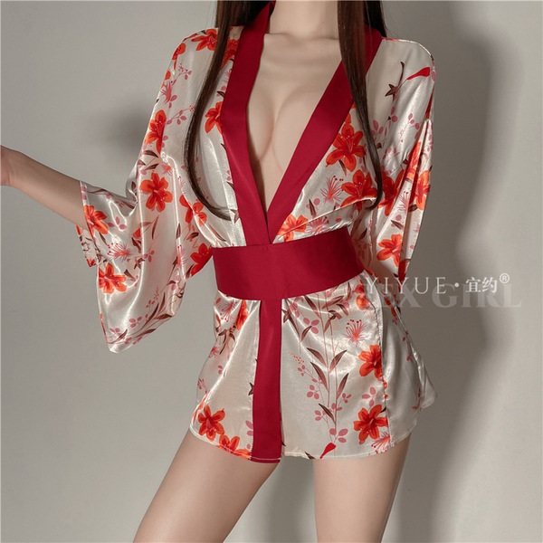Sexy japanese-inspired kimono lingerie set featuring floral print and deep v-neck design, perfect for roleplay costumes with ...