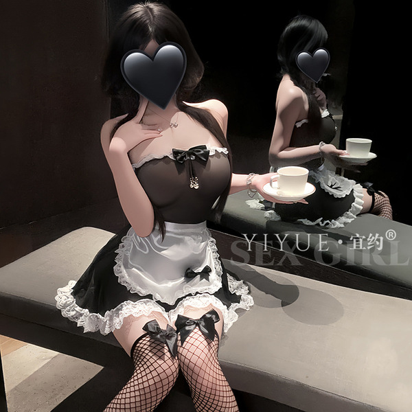 Sexy maid costume set featuring sheer mesh lingerie with bells, perfect for cosplay. includes a charming black and white outf...
