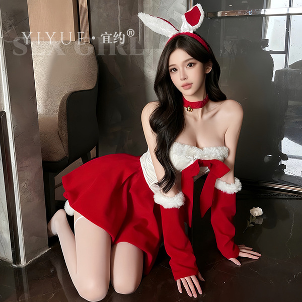 Yiyue sexy pure-allure new year uniform christmas costume cosplay bunny girl bodysuit skirt set featuring a festive red and w...