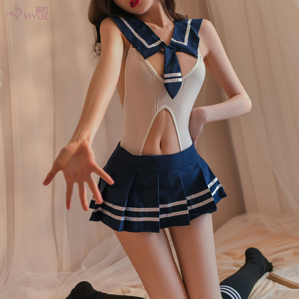 Sexy student outfit set featuring a hot open-crotch bodysuit with lace cutouts, paired with a matching uniform-style skirt.