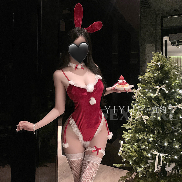 Yiyue new year christmas bunny girl costume - red velvet bunny bathing suit with white pom poms, perfect for role play and ho...