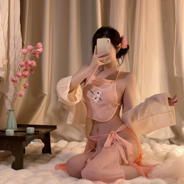 Lubei Vintage Chinese-Inspired Lingerie Set – Plus Size Hanfu-Style Busty Bodysuit, Modest Yet Alluring Sleepwear Ensemb - Jade hairpin powder [bellyband + skirt + coat + thong]