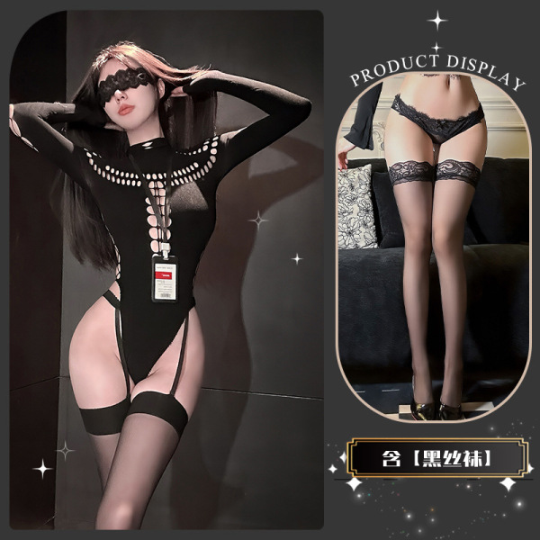 Chao Mu Qing Qu Sensual Knit Mesh Bodysuit - Pure Temptation Lingerie, Ascetic Style Erotic Outfit - Smoky Twilight Weaving ~ + Black Stockings