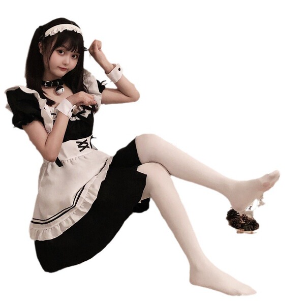 Cute japanese lolita cosplay outfit featuring a maid dress with black and white colors, perfect for sexy elegant plus size dr...