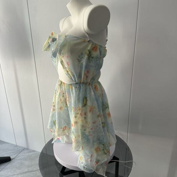 Sheer floral lace dress with deep v neckline on mannequin - yuanshun sexy bodycon nightwear for women.