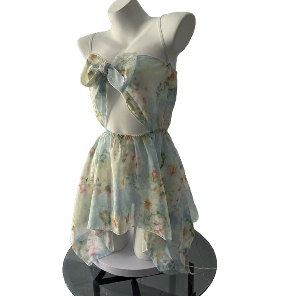 Sheer floral lace dress with deep v and bow detail, elegant bodycon nightwear for women.