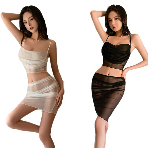 Sexy lace bodysuit paired with sheer skirt set, offering a provocative uniform-style look for elegant sleepwear.