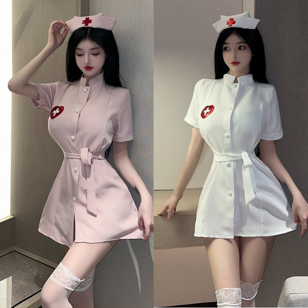 Sexy nurse costume set in pink and white, featuring deep v design, short sleeves, and matching hat for role play.
