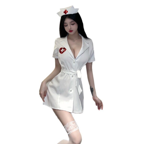 Woman modeling yuedie sexy nurse costume set with deep v white dress, red cross emblem, matching hat and lace thigh-highs.