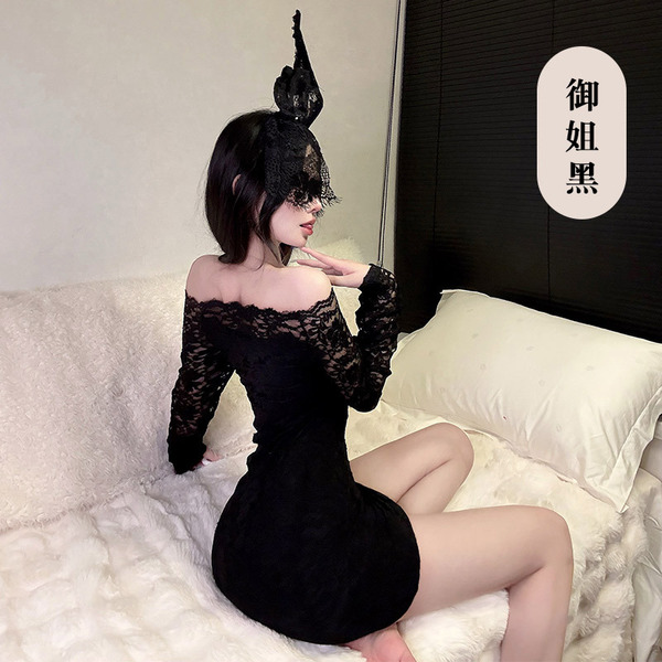 TikTok Trendy Lace One-Shoulder Dress - Sexy Bodycon Mini Skirt for Women, Pure Allure Style - mature woman in black + black stockings