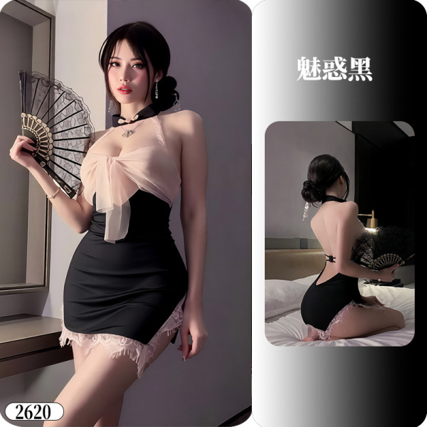 YueDie Seductive Lingerie Set - OL Style Pure & Tempting Bodycon Dress with Lace Stockings - 2620 Jade Hairpin and Robe ◆ Jade Silk Satin ◆ [Uniform Item]