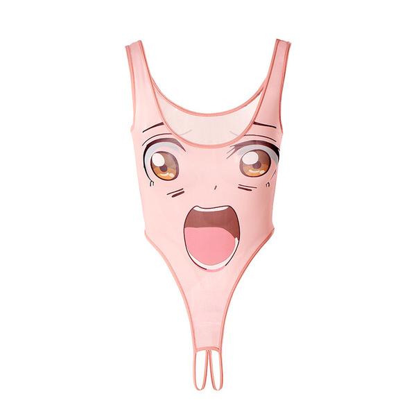 Anime-style pink bodysuit featuring a cute butterfly face design, perfect for women seeking playful and bold swimwear.