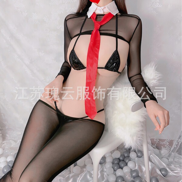 Sexy mesh bunny girl costume with red tie, perfect for anime and sm roleplay outfits.