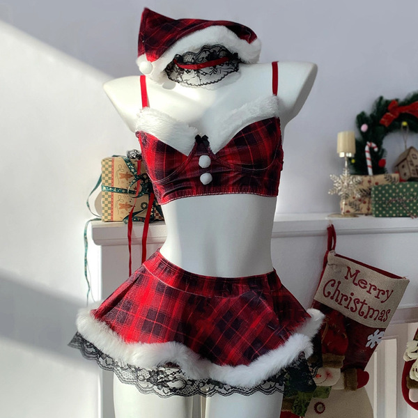 Genuine yun red christmas lingerie set featuring festive plaid design with santa hat and stockings, perfect holiday sleepwear...