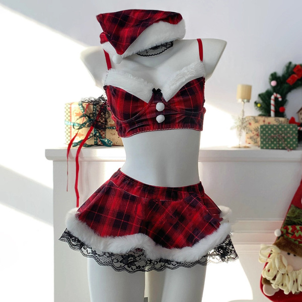 Genuine yun red christmas lingerie set featuring festive plaid design with santa hat, perfect for holiday sleepwear and new y...