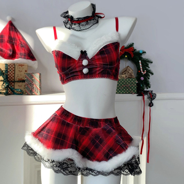 Genuine yun red christmas lingerie set featuring festive plaid design with white fur trim and lace details, perfect for holid...