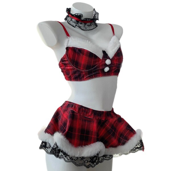 Elegant red plaid christmas-themed lingerie set featuring fluffy white trimmings, perfect for festive celebrations and sexy n...