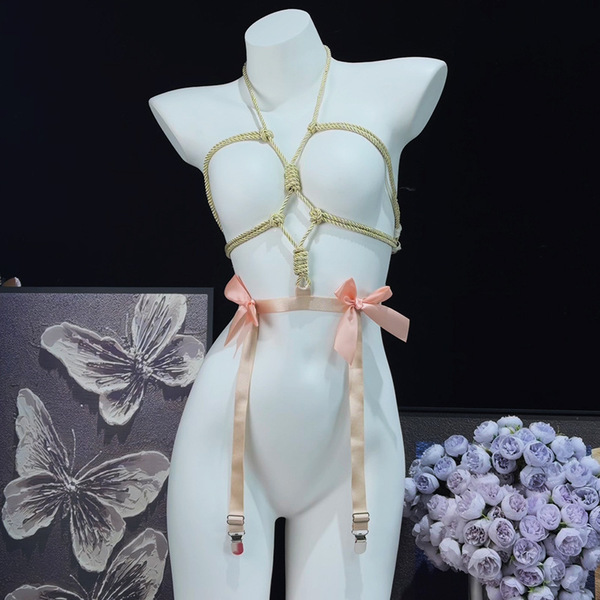 Genuine yun sensual bondage bodysuit featuring rope detailing and pink ribbon accents, perfect for women seeking allure and s...
