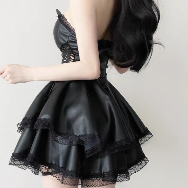 Elegant black lace bodysuit with sexy side-cut design, tied waist, and mesh detail for womens sensual lingerie.