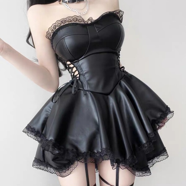 Genuine yun sensual lingerie dress featuring a sexy side-cut lace bodysuit, tied waist design, and mesh detail for women.
