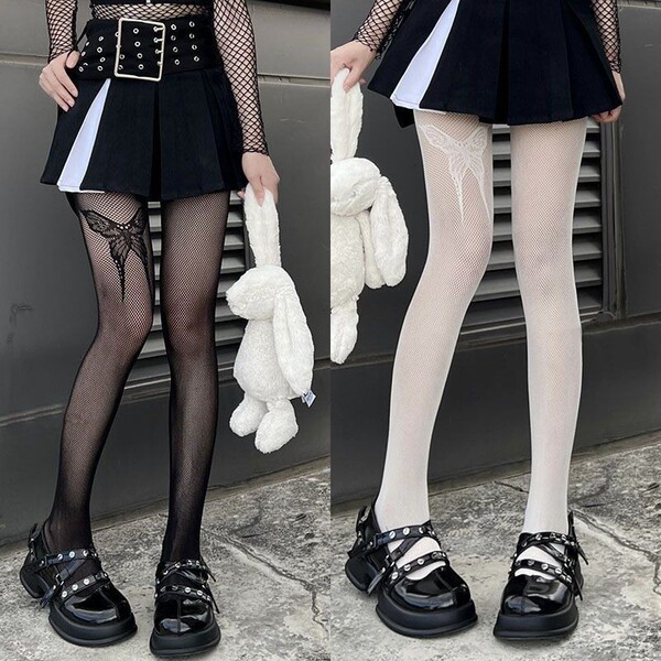 Genuine yun sexy black & white butterfly pantyhose - punk lolita mesh stockings for slimming & millennial style, featuring bo...