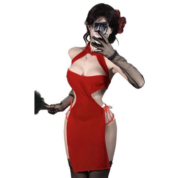 Elegant red vintage cheongsam sleepwear featuring high slit and seductive design, perfect for festive occasions.
