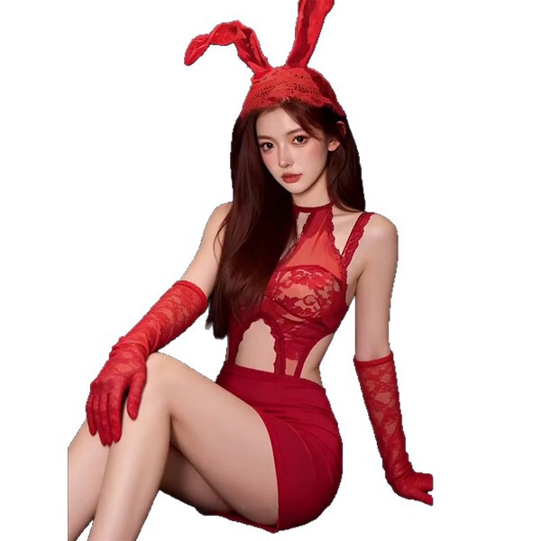 Elegant red lace cut-out sleep dress paired with bunny girl outfit, perfect for festive celebrations.
