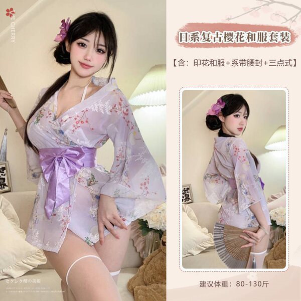 Japanese Kimono Lingerie Set - Sexy Sheer Play Costume with Floral Print, Roleplay Outfit for Adults - Charming Purple [Bra + Thong + Robe + Waist Belt]