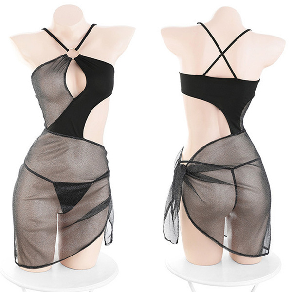 Yunyun county lace cut-out irregular sheer chemise - seductive lingerie set, uniform style erotic nightwear