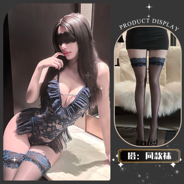 QingShe Lace Temptation Lingerie Set – Elegant Pure-Yu Sensual Bodysuit for Women - A soft, lazy blue color~ + matching socks + eye mask + feather stick