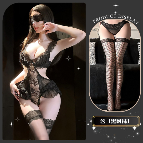 Lace Temptation Lingerie Set - Pure & Sensual Sheer Peekaboo Bustier Outfit for Women - Yu Yu's addiction to black fishnet stockings