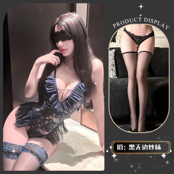 Golden Night Lace Lingerie Set - Elegant Seductive Bodysuit for Women, Pure & Tempting Luxury Intimates - A soft, lazy blue color paired with black lace stockings.