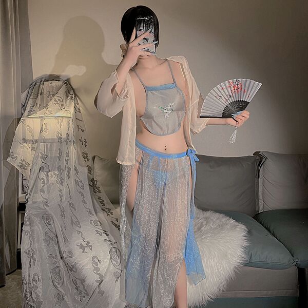 Plus Size Vintage Chinese Lingerie Set - Embroidered Hanfu Bodice & Cheongsam-Inspired Seductive Costume - Jade hairpin flower blue [outerwear + halter top + striped skirt + underwear]
