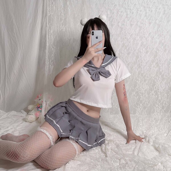 OL Teacher JK Cat Costume Set - Busty Sexy Maid & Cheongsam Lingerie Outfit for Nightclub & Role Play - Z1856 Grey [Socks not included]