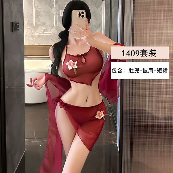 Yiyue Chinese-Inspired Lingerie Set – Vintage Dance Maiden Silk Belly Band & Sheer Sleepwear for Curvy Women - Maroon