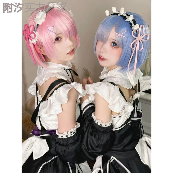 Two women dressed as ram and rem from re:zero, wearing maid outfits with pink and blue wigs, perfect for cosplay enthusiasts.