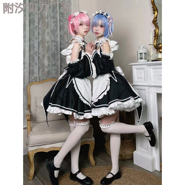 Two women dressed as ram and rem from re:zero, wearing maid outfits with black and white dresses, stockings, and mary jane sh...