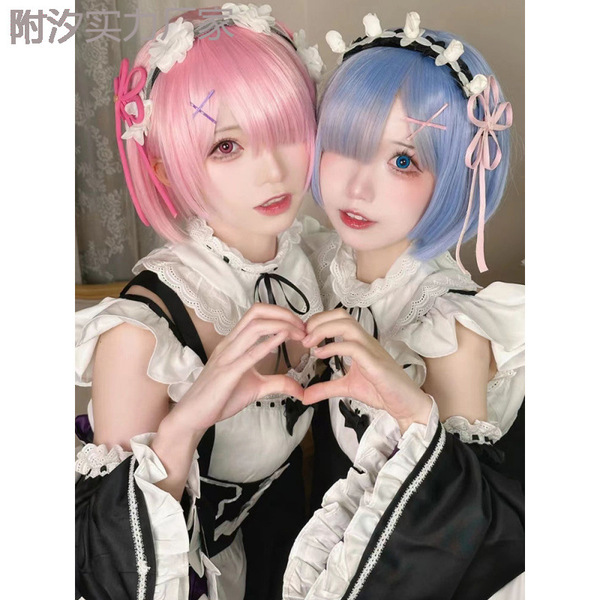 Two cosplayers wearing zero to hero re:zero maid outfits, featuring pink and blue wigs with floral headbands, creating a hear...