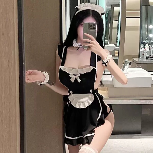Zheyin plus size sexy lingerie set - cute maid costume role play sleepwear for women, featuring a black dress with white acce...