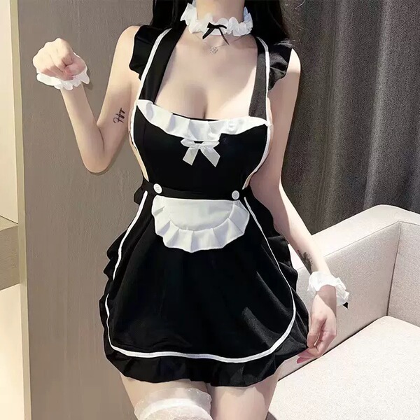Zheyin plus size sexy lingerie set - cute maid costume role play sleepwear for women, featuring a black dress with white acce...