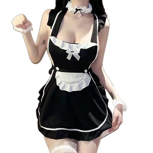 Zheyin plus size sexy lingerie set - cute maid costume role play sleepwear for women, featuring a black dress with white acce...