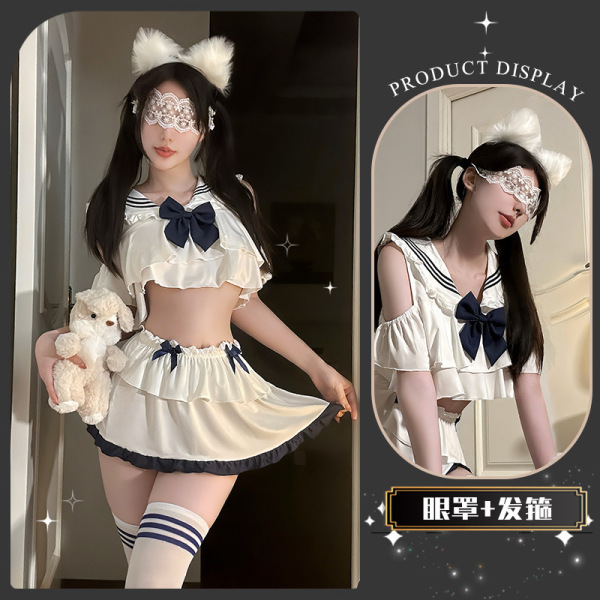 JinXiao JK Style Flirty Lingerie Skirt - Pure & Tempting Pleated Mini Skirt for Sensual Elegance - Gardenia Crispy Tea + Hairband + Eye Mask