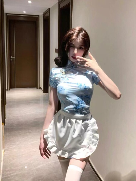 Chinese-Style Qipao Lingerie Set - Seductive Open-Crotch Costume for Role Play & Intimate Moments - Chinese Girl in Blue + Thong
